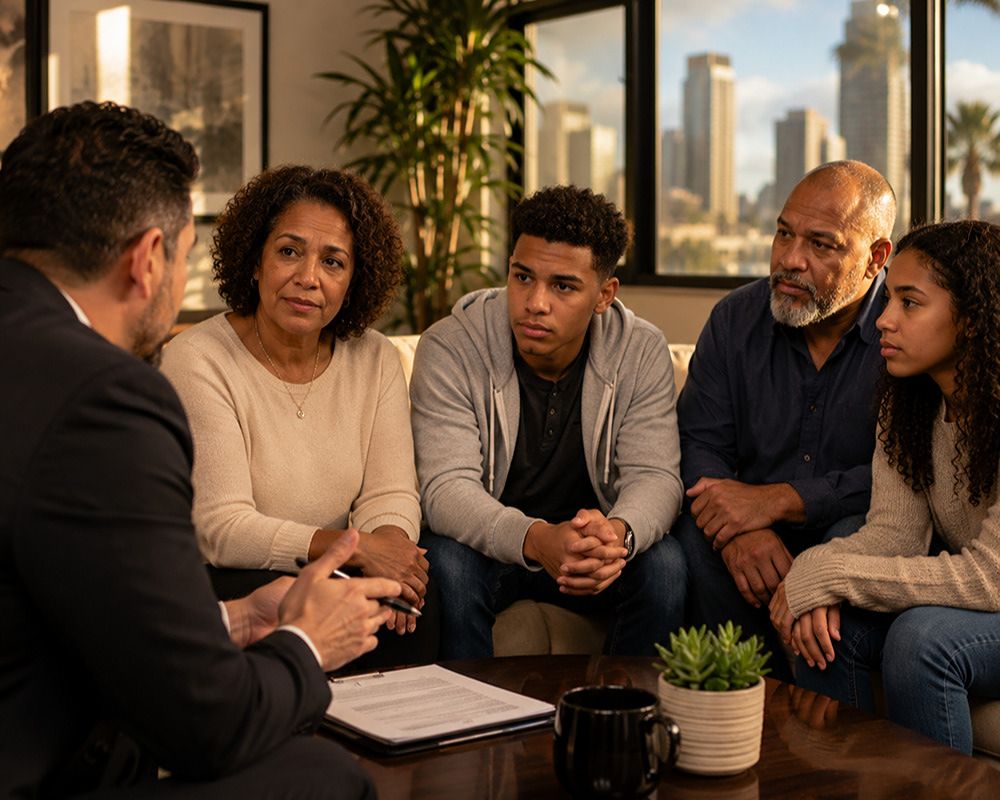 Family meeting with a San Diego bail bondsman discussing immediate release options.