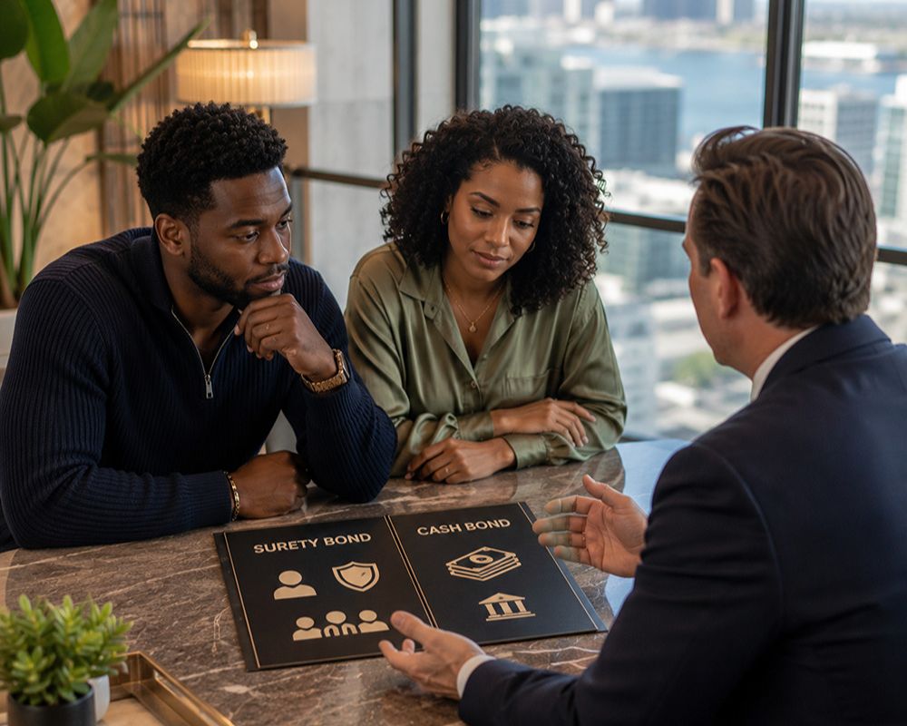 surety-bond-vs-cash-bond-consultation-san-diego-1080x1080.webp 8 San Diego bail agent comparing surety bonds and cash bonds during a private consultation.